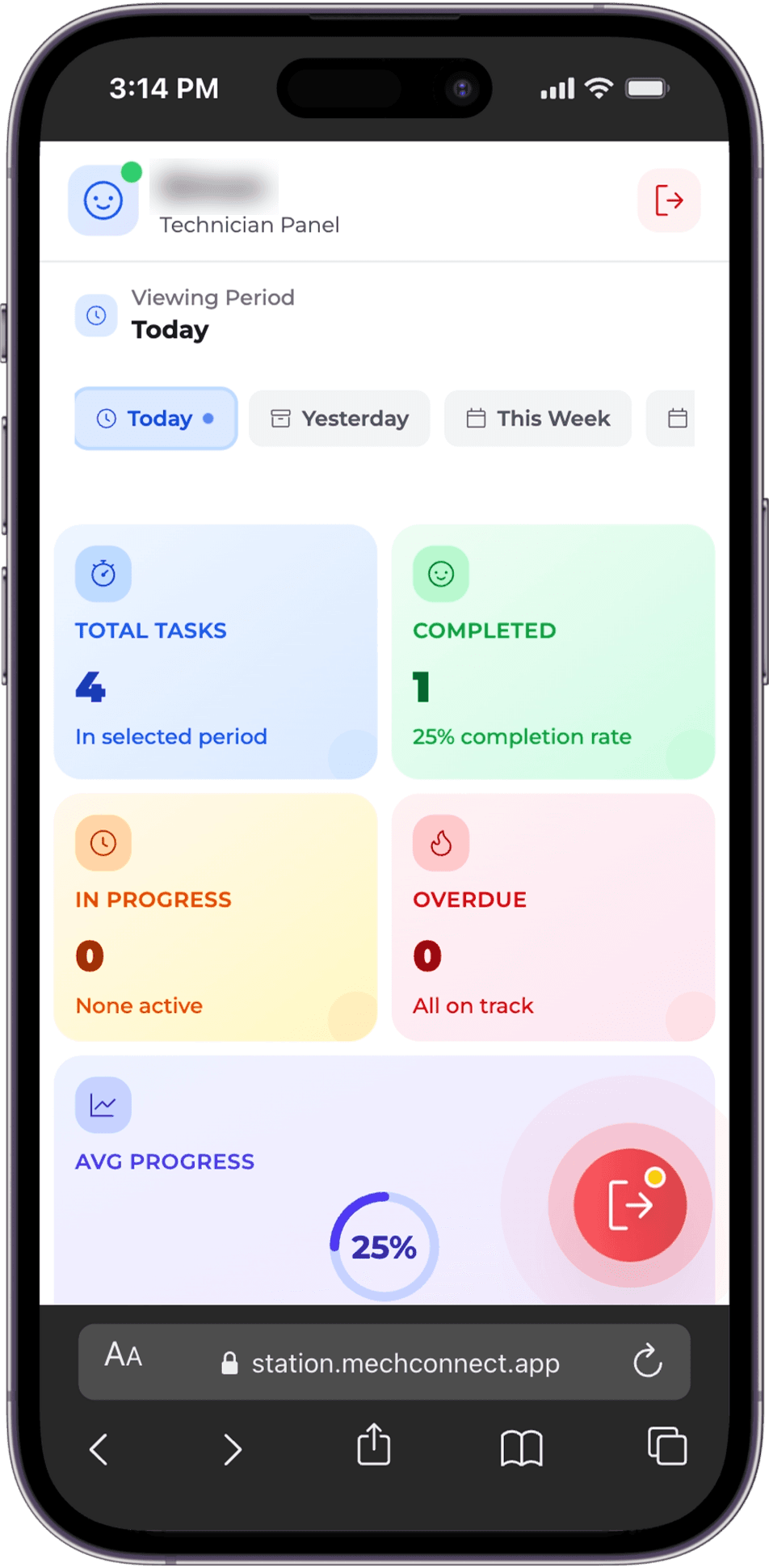 Mech Connect Technician Panel on mobile showing tasks, completion rate, and progress ring